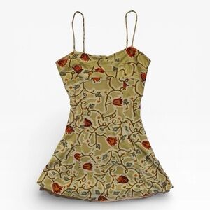 Vtg 90s Mini Dress Green Floral Spaghetti Straps Mesh Lined Sz Lg
